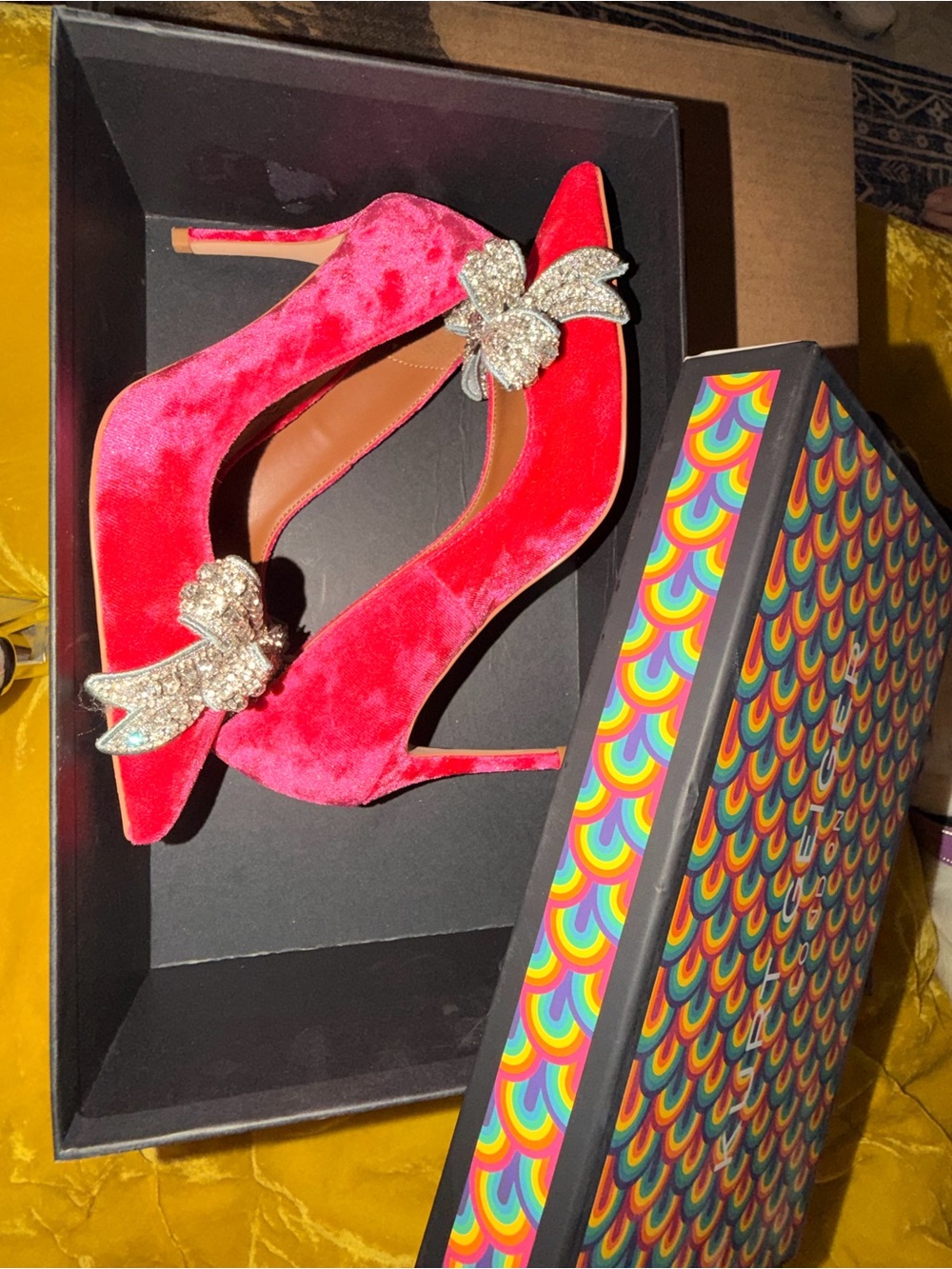 Red Velvet Crystal Bow Pointed-Toe Pumps - Women